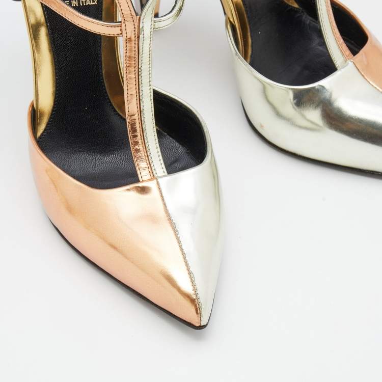 Pre Owned Fendi Metallic Tri-Color Leather Pointed Toe Ankle Strap Pumps Size 36