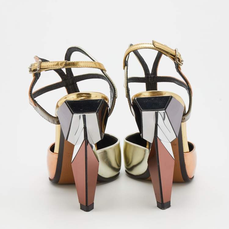 Pre Owned Fendi Metallic Tri-Color Leather Pointed Toe Ankle Strap Pumps Size 36