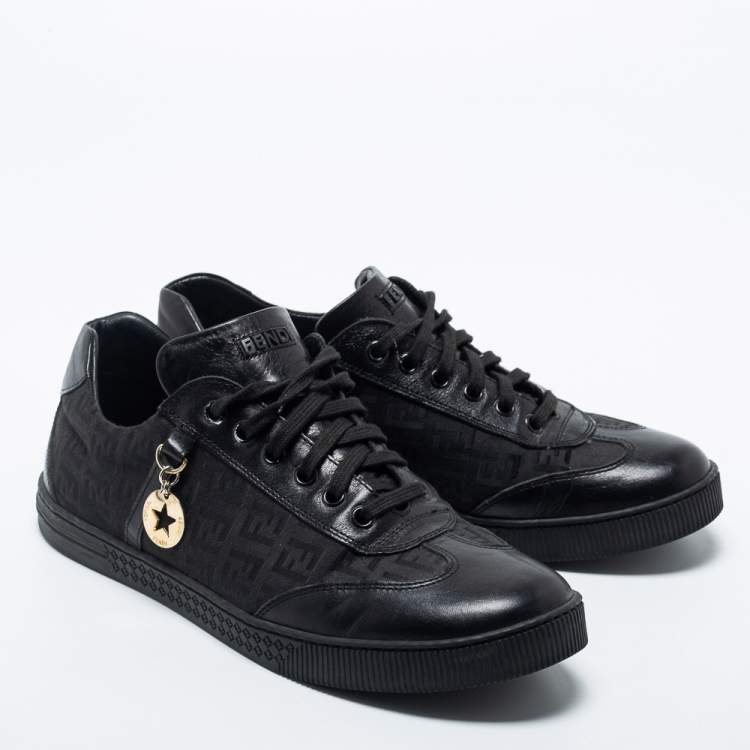 Pre Owned Fendi Black Zucca Canvas and Leather Low Top Sneakers Size 38