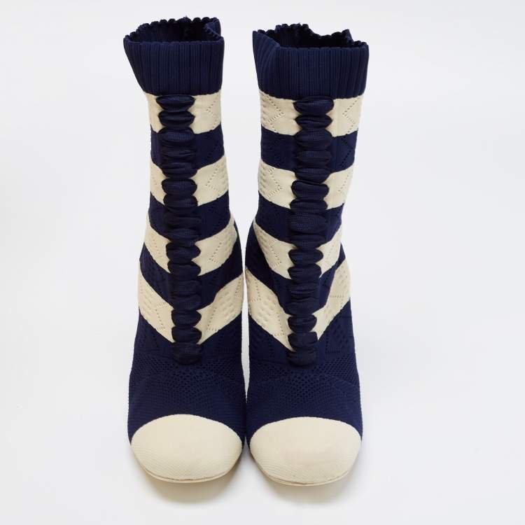 Pre Owned Fendi Navy Blue/Cream Striped Knit Fabric Boots Size 38.5