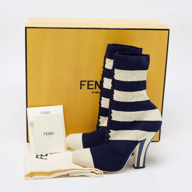 Pre Owned Fendi Navy Blue/Cream Striped Knit Fabric Boots Size 38.5