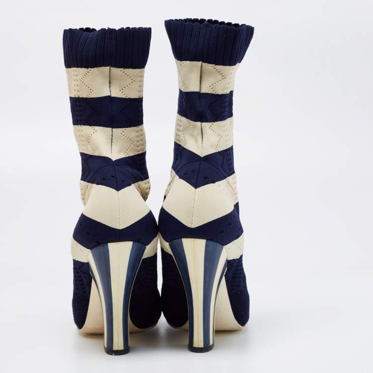 Pre Owned Fendi Navy Blue/Cream Striped Knit Fabric Boots Size 38.5