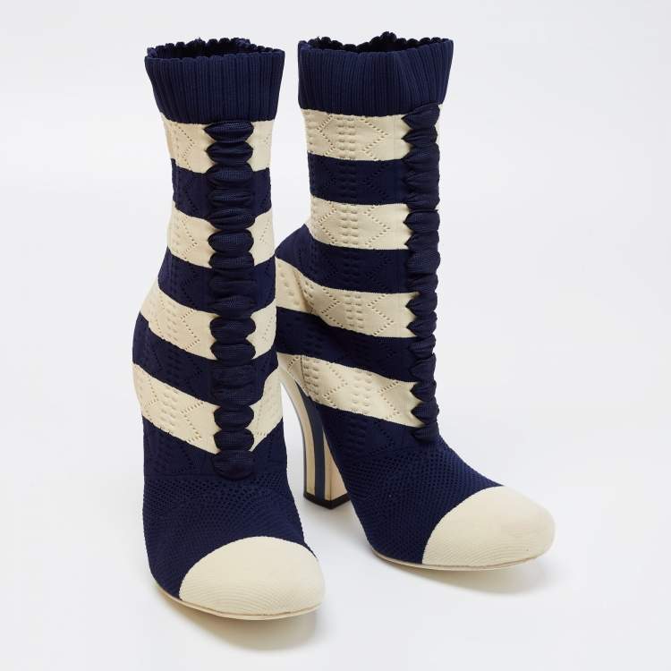 Pre Owned Fendi Navy Blue/Cream Striped Knit Fabric Boots Size 38.5