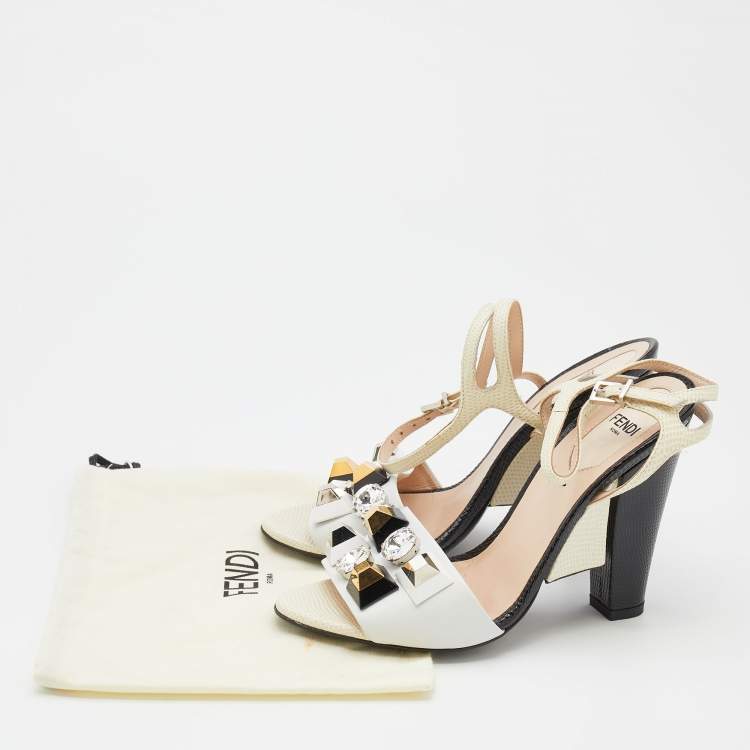 Pre Owned Fendi Multicolor Leather and Lizard Embossed Leather Fantasia Studded Ankle Strap Sandals Size 36