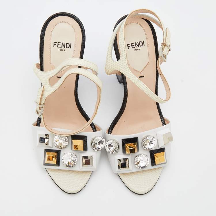 Pre Owned Fendi Multicolor Leather and Lizard Embossed Leather Fantasia Studded Ankle Strap Sandals Size 36