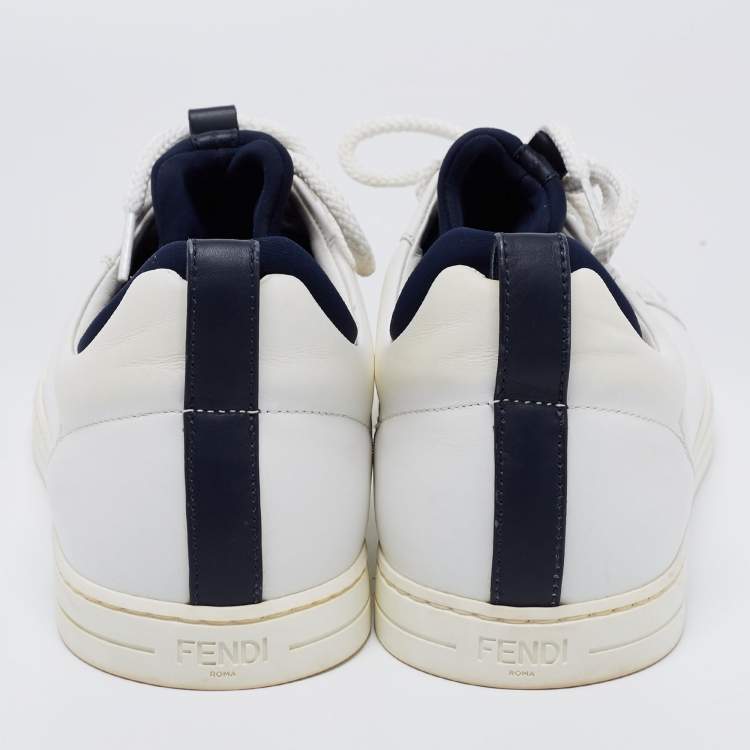 Pre Owned Fendi White/Blue Leather And Fabric Bag Bugs Appliqué Low Top Sneakers Size 41