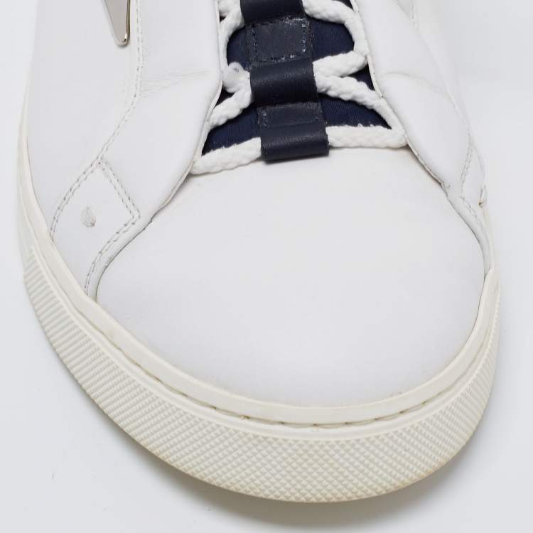 Pre Owned Fendi White/Blue Leather And Fabric Bag Bugs Appliqué Low Top Sneakers Size 41