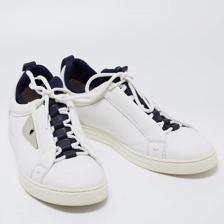 Pre Owned Fendi White/Blue Leather And Fabric Bag Bugs Appliqué Low Top Sneakers Size 41