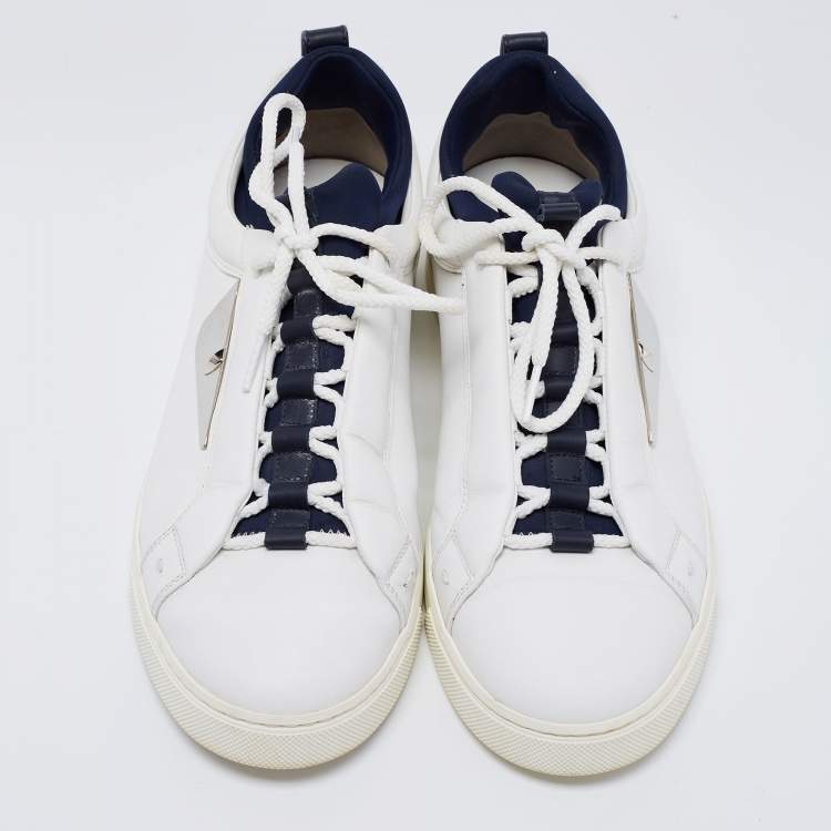 Pre Owned Fendi White/Blue Leather And Fabric Bag Bugs Appliqué Low Top Sneakers Size 41
