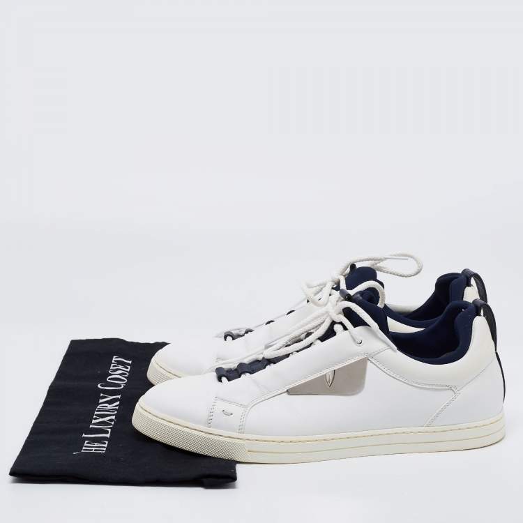 Pre Owned Fendi White/Blue Leather And Fabric Bag Bugs Appliqué Low Top Sneakers Size 41