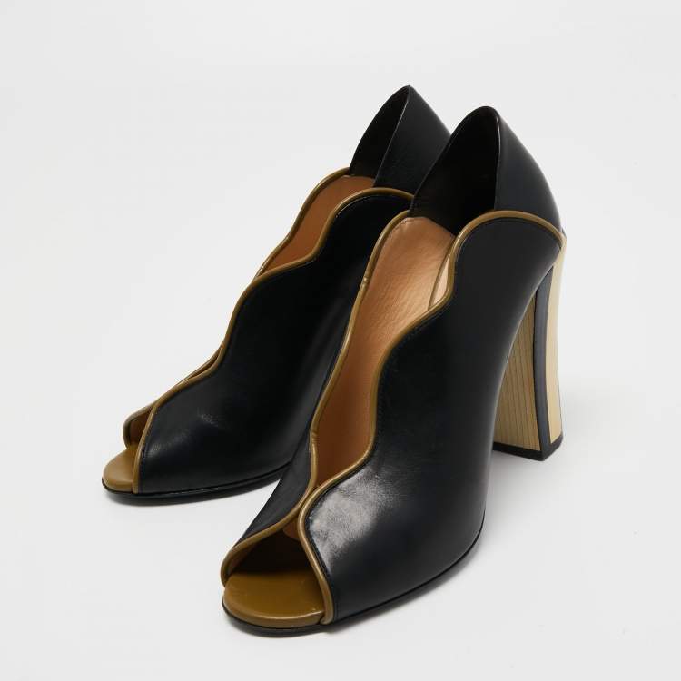 Pre Owned Fendi Black/Olive Green Wave Leather Block Heel Peep Toe Pumps Size 40