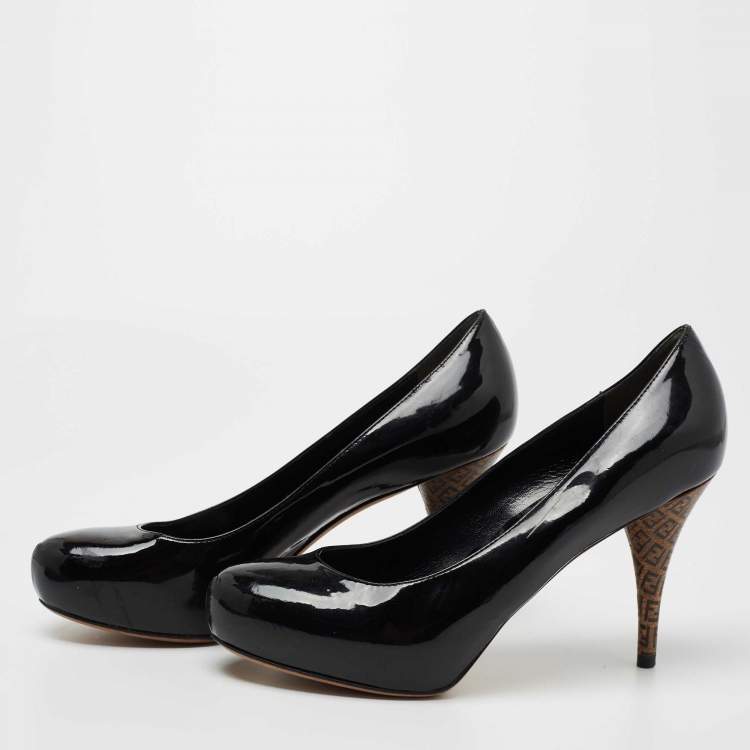 Pre Owned Fendi Black Patent Leather Platform FF Superstar Pump Size 38