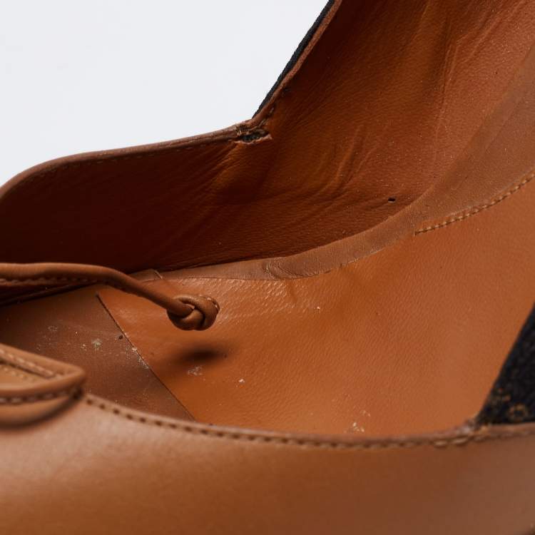 مملوكة مسبقًا Fendi Brown/Black Leather and Striped Canvas Espadrille Wedge Peep Toe Pumps Size 39.5