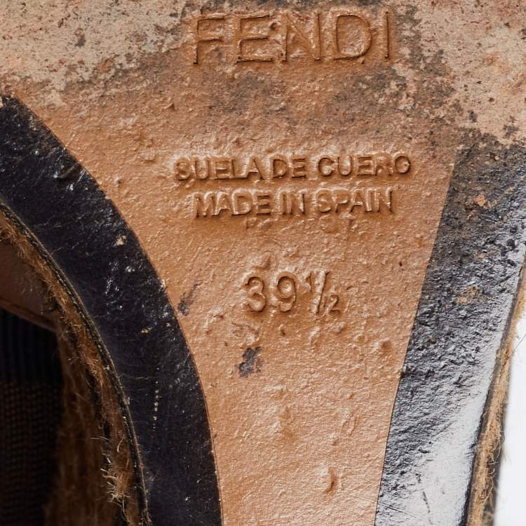 مملوكة مسبقًا Fendi Brown/Black Leather and Striped Canvas Espadrille Wedge Peep Toe Pumps Size 39.5