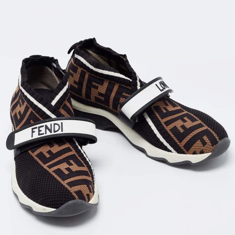 مملوكة مسبقًا Fendi Black/Brown FF Knit Fabric Rockoko Sneakers Size 37