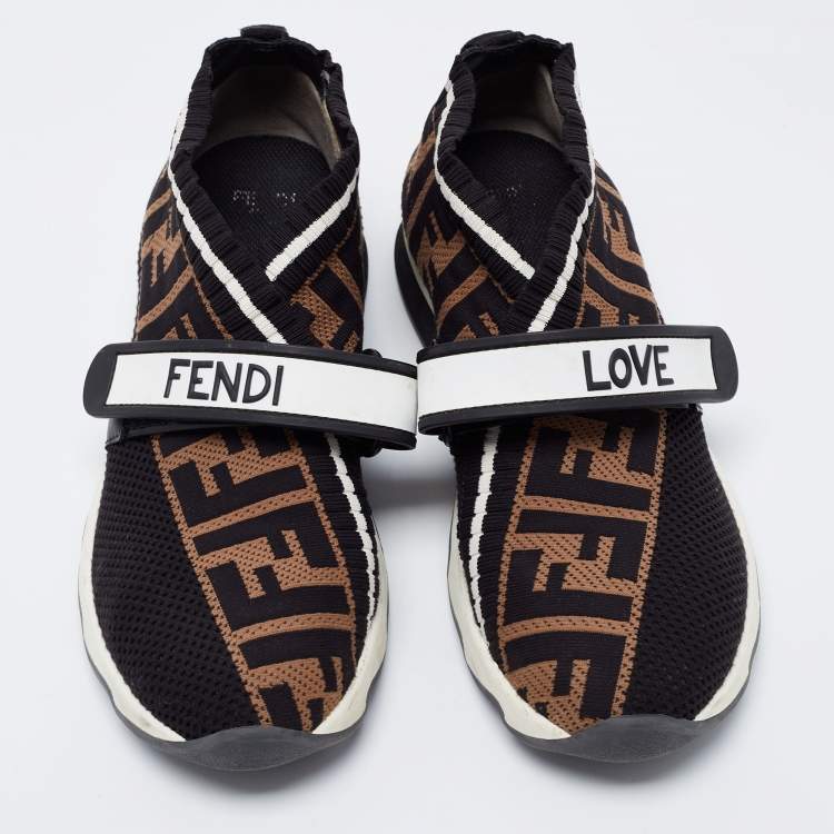 مملوكة مسبقًا Fendi Black/Brown FF Knit Fabric Rockoko Sneakers Size 37