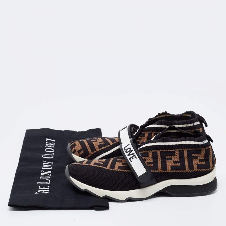 مملوكة مسبقًا Fendi Black/Brown FF Knit Fabric Rockoko Sneakers Size 37