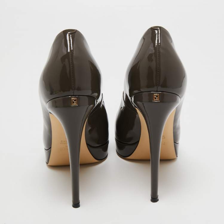 Pre Owned Fendi Grey Patent Leather Peep Toe Pumps Size 37