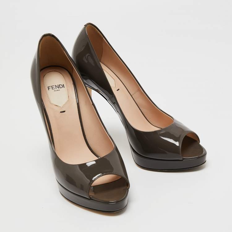 Pre Owned Fendi Grey Patent Leather Peep Toe Pumps Size 37