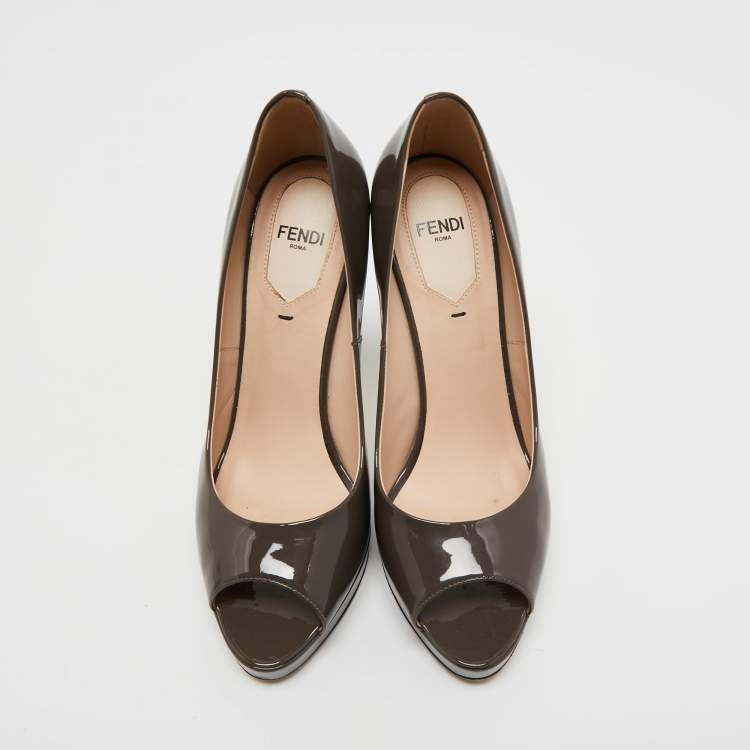 Pre Owned Fendi Grey Patent Leather Peep Toe Pumps Size 37