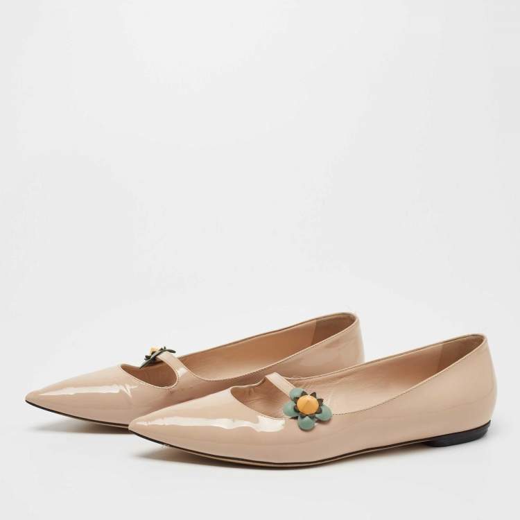 Pre Owned Fendi Beige Patent Leather Flowerland Ballet Flats Size 39