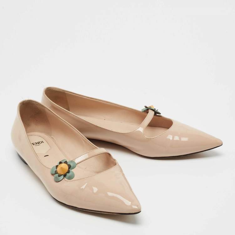 Pre Owned Fendi Beige Patent Leather Flowerland Ballet Flats Size 39