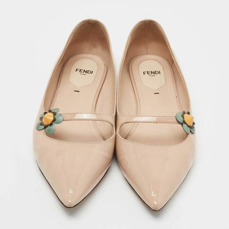 Pre Owned Fendi Beige Patent Leather Flowerland Ballet Flats Size 39