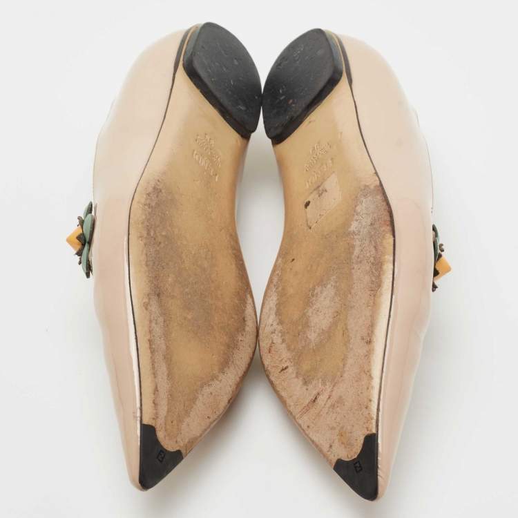 Pre Owned Fendi Beige Patent Leather Flowerland Ballet Flats Size 39