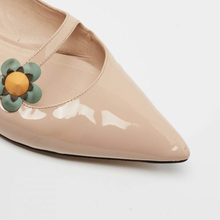 Pre Owned Fendi Beige Patent Leather Flowerland Ballet Flats Size 39