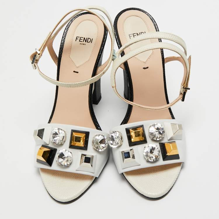 Pre Owned Fendi Multicolor Lizard Embossed and Leather Fantasia Studded Ankle Strap Sandals Size 37