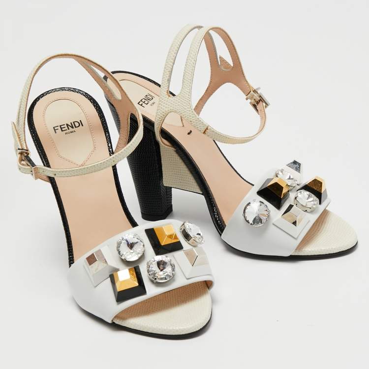 Pre Owned Fendi Multicolor Lizard Embossed and Leather Fantasia Studded Ankle Strap Sandals Size 37