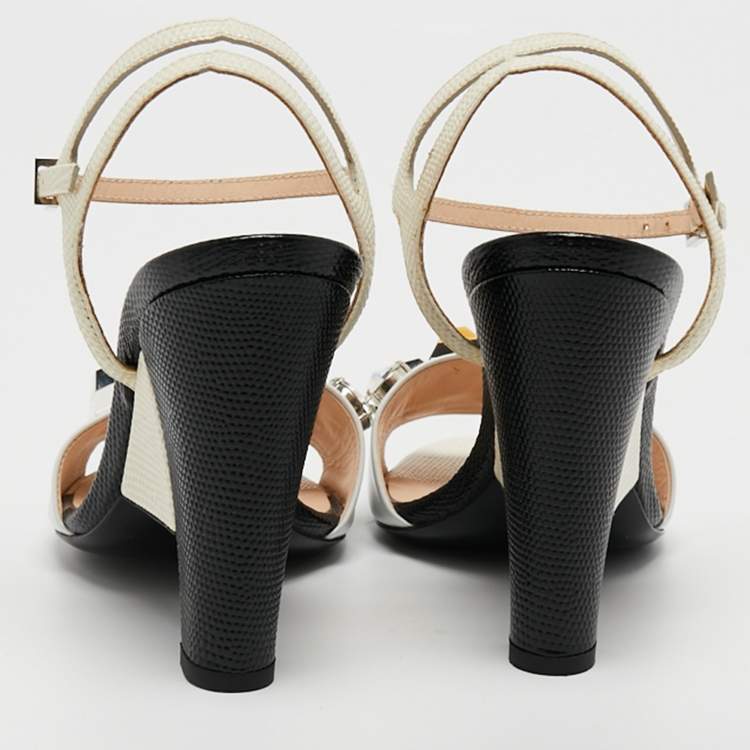 Pre Owned Fendi Multicolor Lizard Embossed and Leather Fantasia Studded Ankle Strap Sandals Size 37