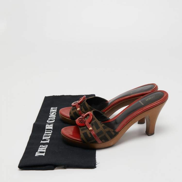 Pre Owned Fendi Brown/Red Zucca Canvas and Leather Platform Slide Sandals Size 38.5