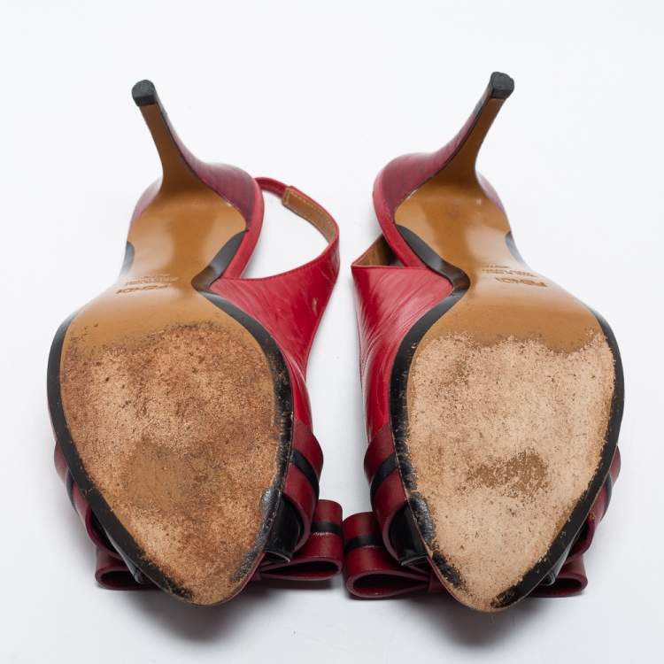 Pre Owned Fendi Red Leather Bow Peep Toe Slingback Pumps Size 38.5