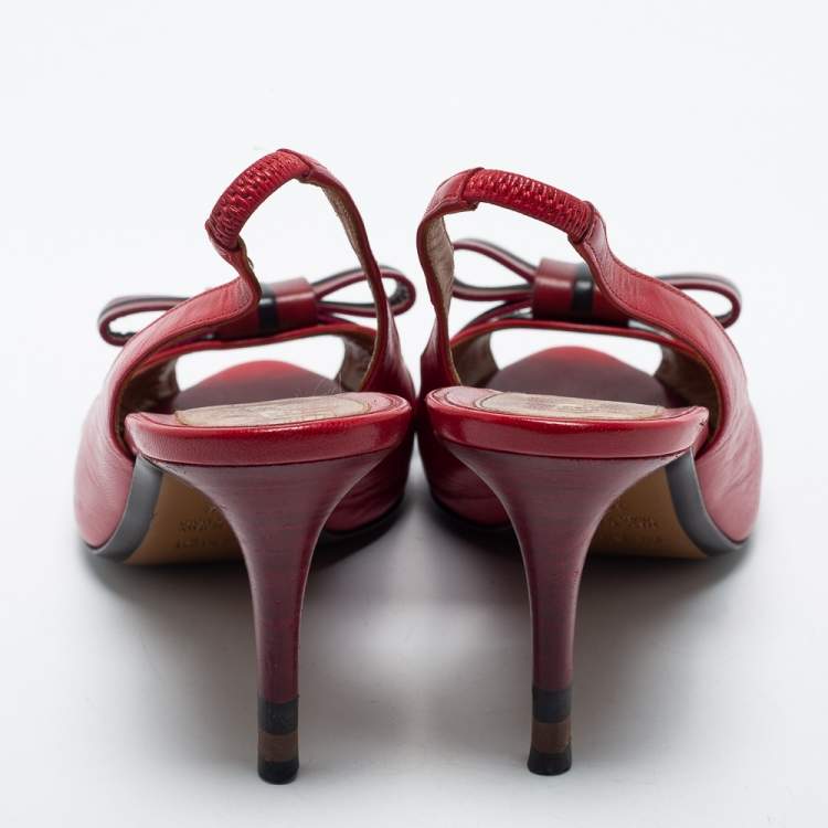Pre Owned Fendi Red Leather Bow Peep Toe Slingback Pumps Size 38.5