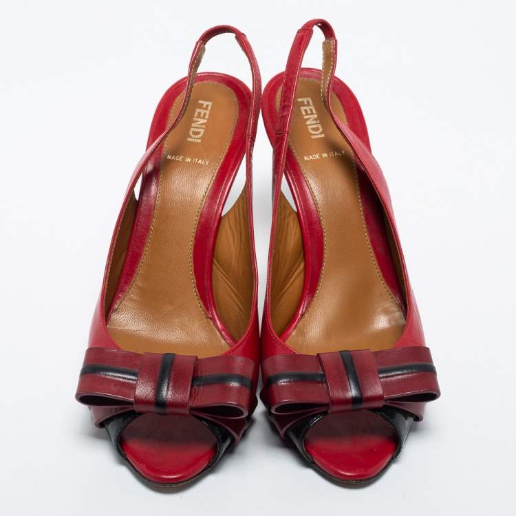Pre Owned Fendi Red Leather Bow Peep Toe Slingback Pumps Size 38.5