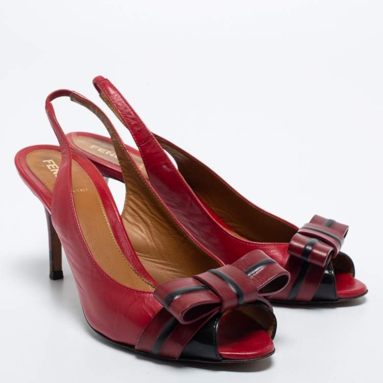 Pre Owned Fendi Red Leather Bow Peep Toe Slingback Pumps Size 38.5