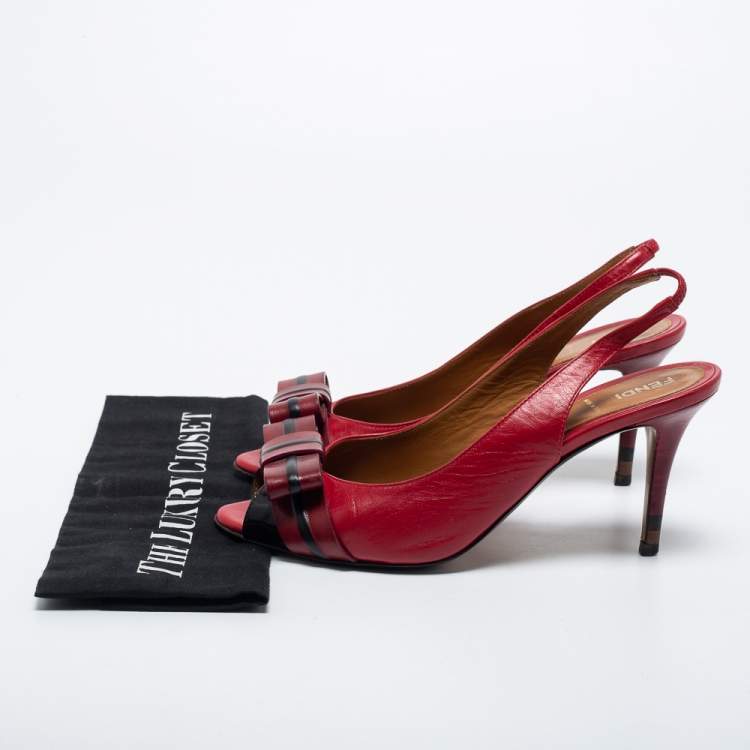 Pre Owned Fendi Red Leather Bow Peep Toe Slingback Pumps Size 38.5