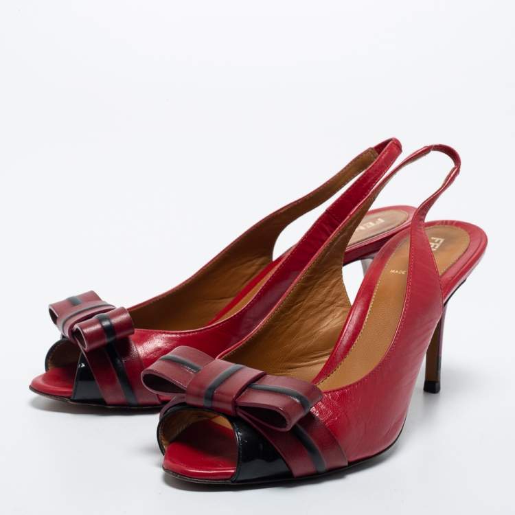 Pre Owned Fendi Red Leather Bow Peep Toe Slingback Pumps Size 38.5