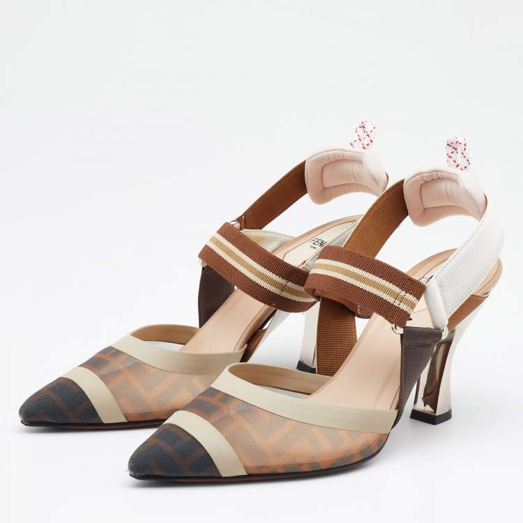 مملوكة مسبقًا Fendi Brown/Beige FF Zucca Mesh and Leather Colibri Slingback Pumps Size 39