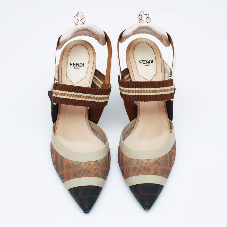مملوكة مسبقًا Fendi Brown/Beige FF Zucca Mesh and Leather Colibri Slingback Pumps Size 39