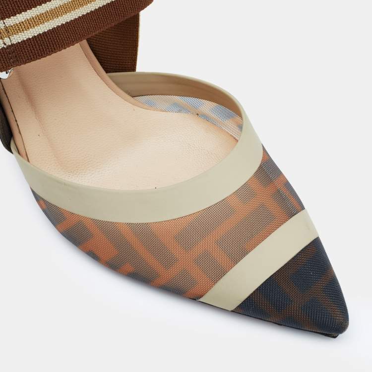 مملوكة مسبقًا Fendi Brown/Beige FF Zucca Mesh and Leather Colibri Slingback Pumps Size 39