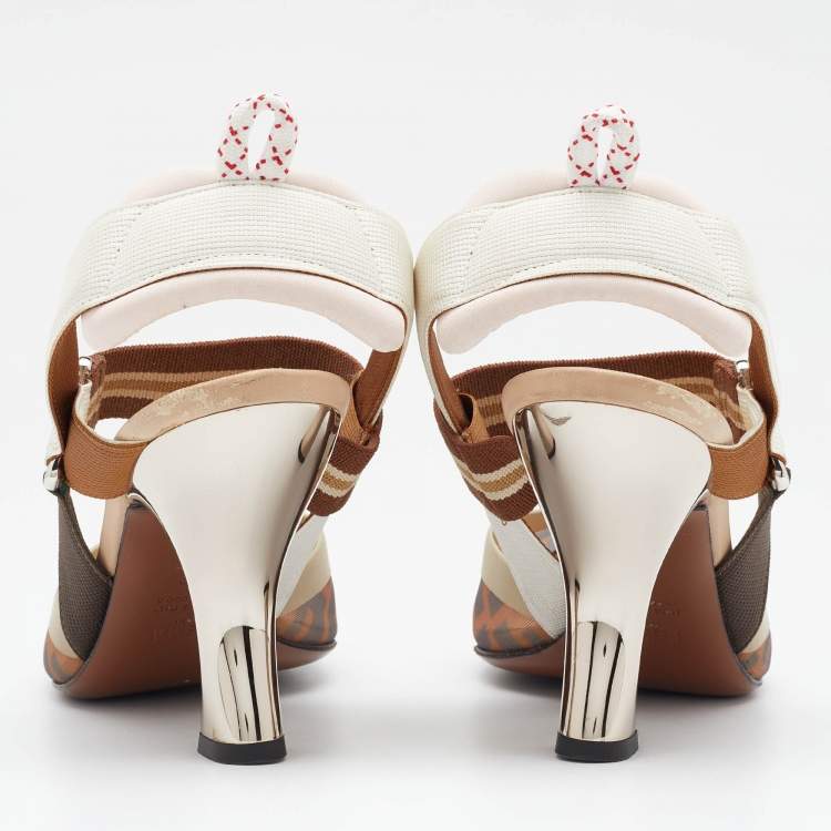 مملوكة مسبقًا Fendi Brown/Beige FF Zucca Mesh and Leather Colibri Slingback Pumps Size 39