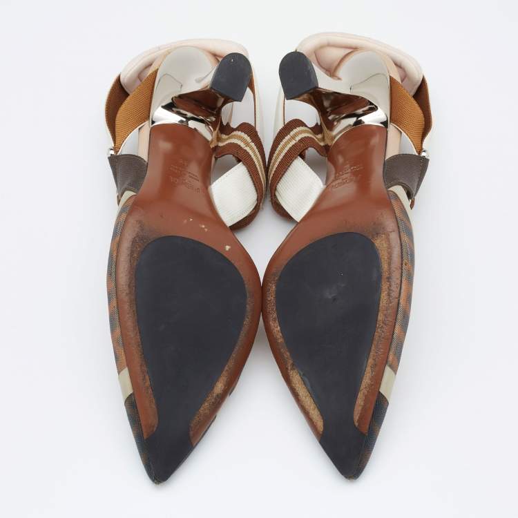 مملوكة مسبقًا Fendi Brown/Beige FF Zucca Mesh and Leather Colibri Slingback Pumps Size 39