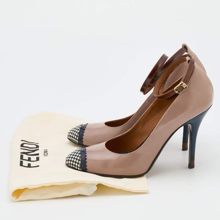 Pre Owned Fendi Multicolor Leather Checkered Cap Toe Ankle Strap Pumps Size 37.5