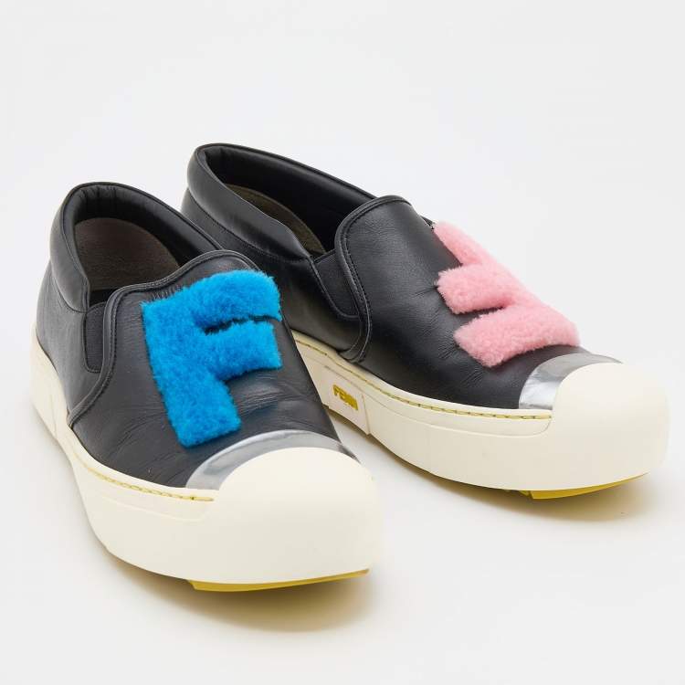 Pre Owned Fendi Black Leather Fflynn Shearling Fur Slip On Sneakers Size 39