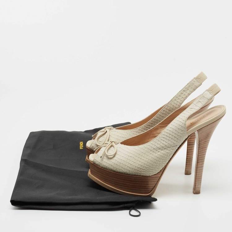 Pre Owned Fendi Light Grey Python Embossed Leather Fendista Bow Slingback Pumps Size 38.5