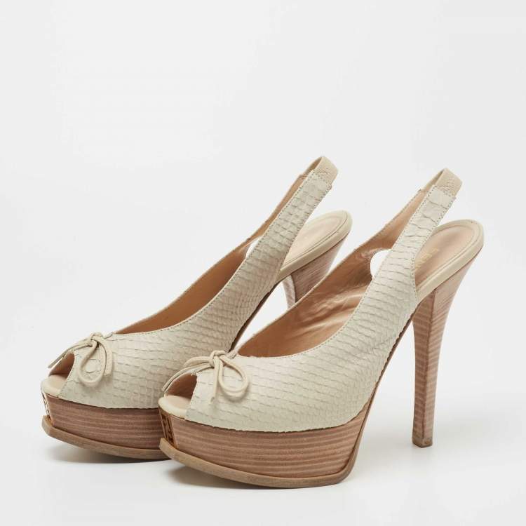 Pre Owned Fendi Light Grey Python Embossed Leather Fendista Bow Slingback Pumps Size 38.5