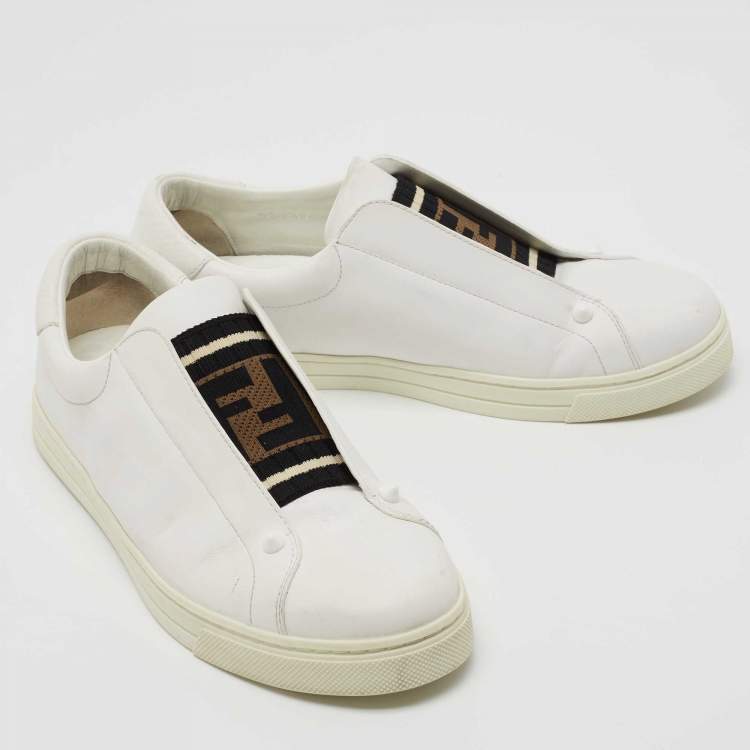 Pre Owned Fendi White Leather Knitted Logo Rockoclick Low Top Sneakers Size 38