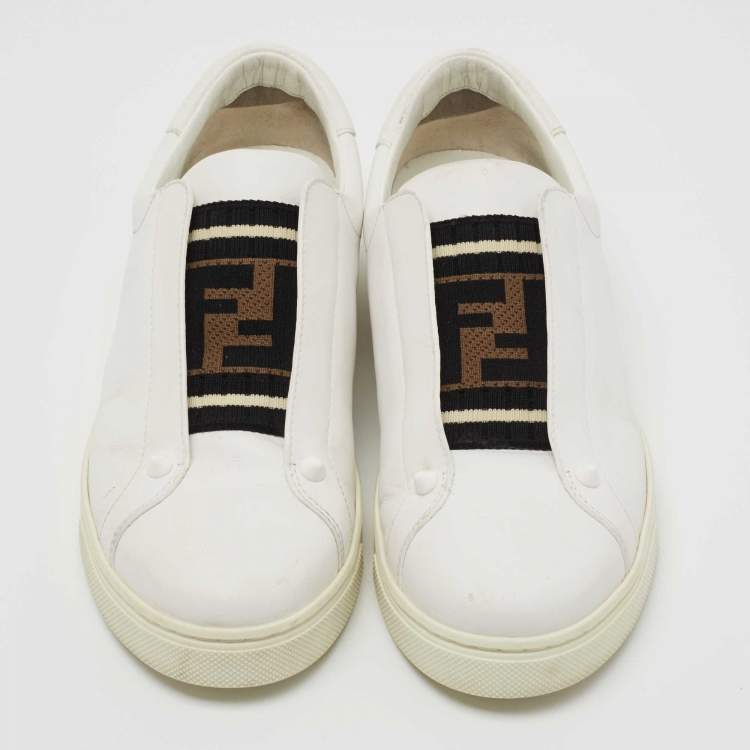 Pre Owned Fendi White Leather Knitted Logo Rockoclick Low Top Sneakers Size 38